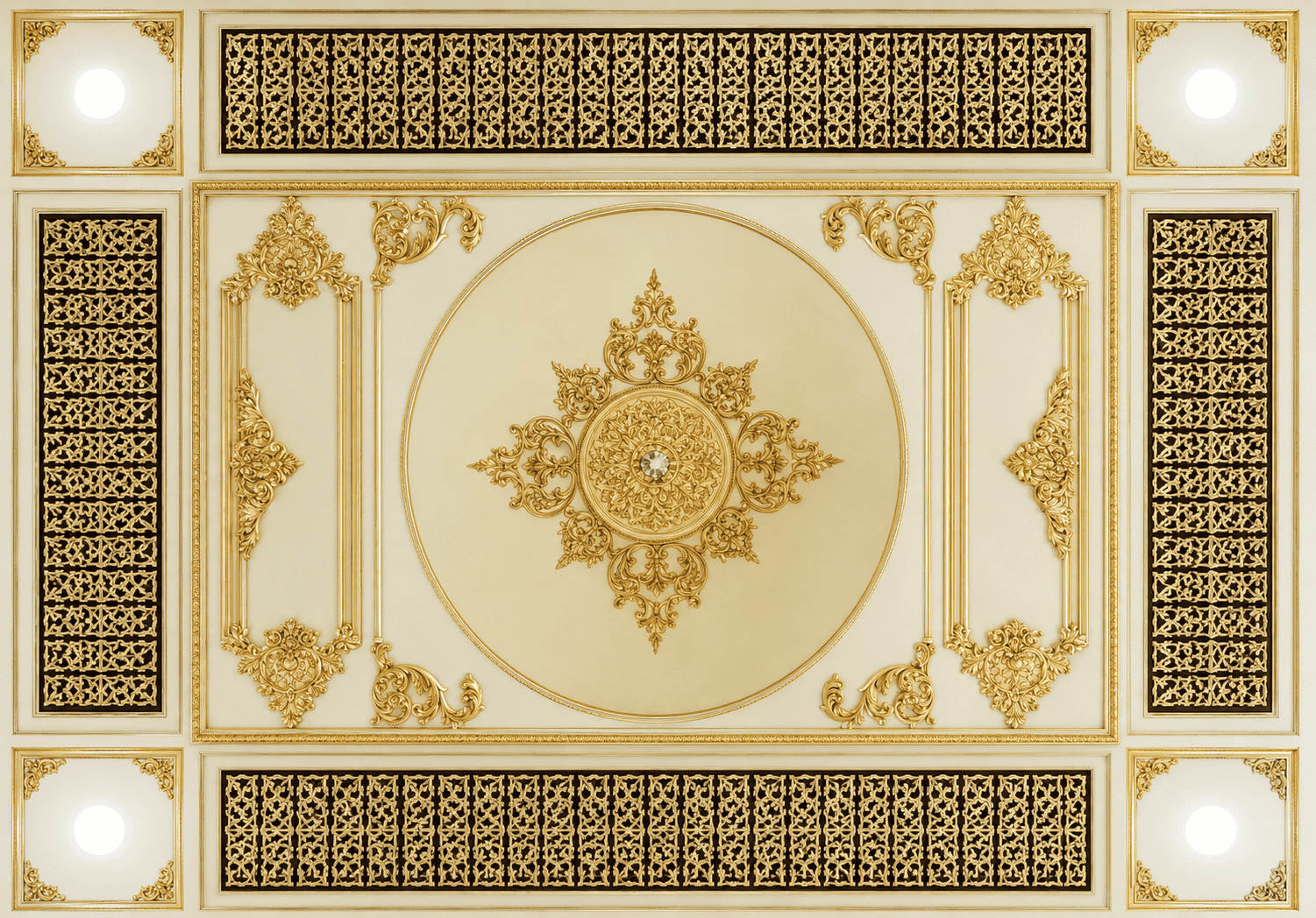 Ornate gold and white ceiling with intricate patterns and lighting.